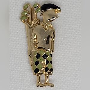 GOLFER Gold Tone Brooch With Enamel Detail